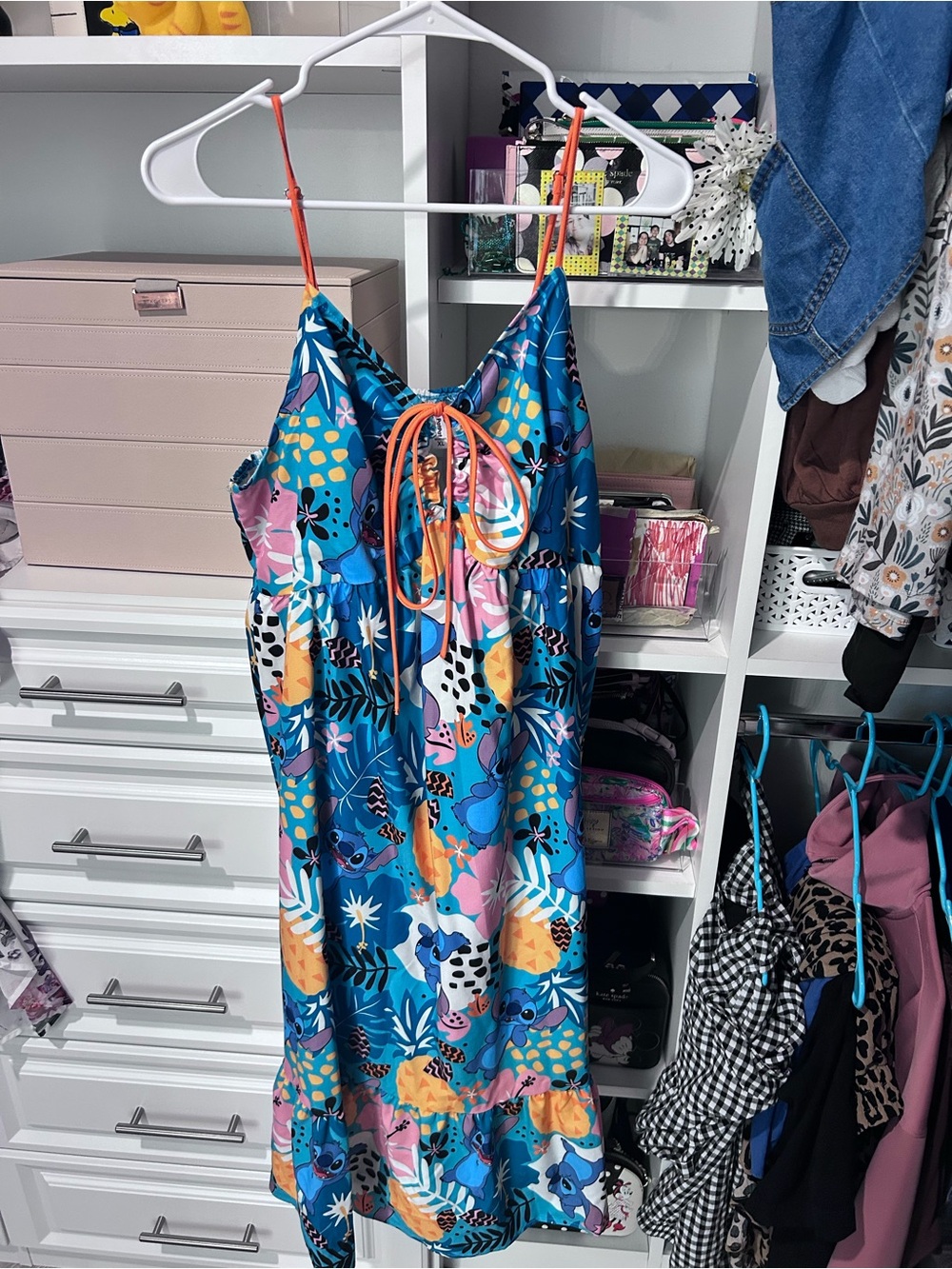 PatPat Blue Floral Stitch Strapless Sundress with Orange Ties